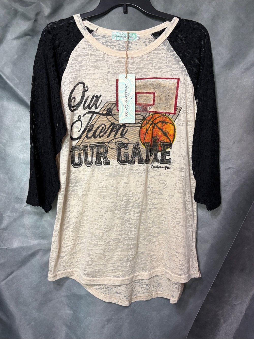 Southern Grace Black Sleeve Cream Baseball Raglan with Basketball Graphic